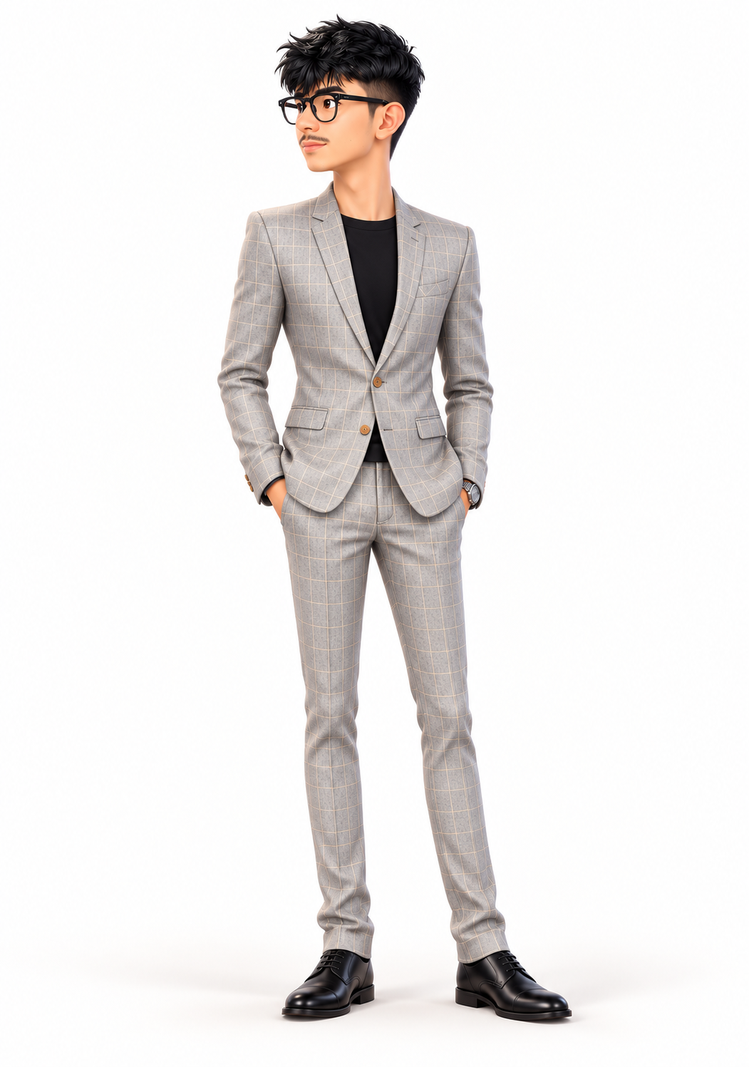 Cartoon portrait of Owais Iftikhar in a grey suit
